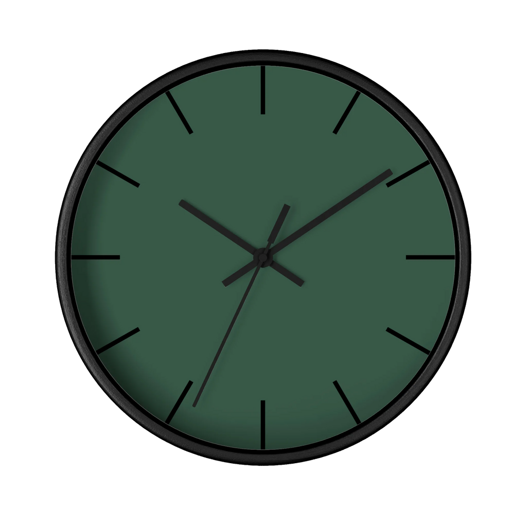 Stromboli green silent wall clock, black base, black hands, black markers, 10 inch, front view.