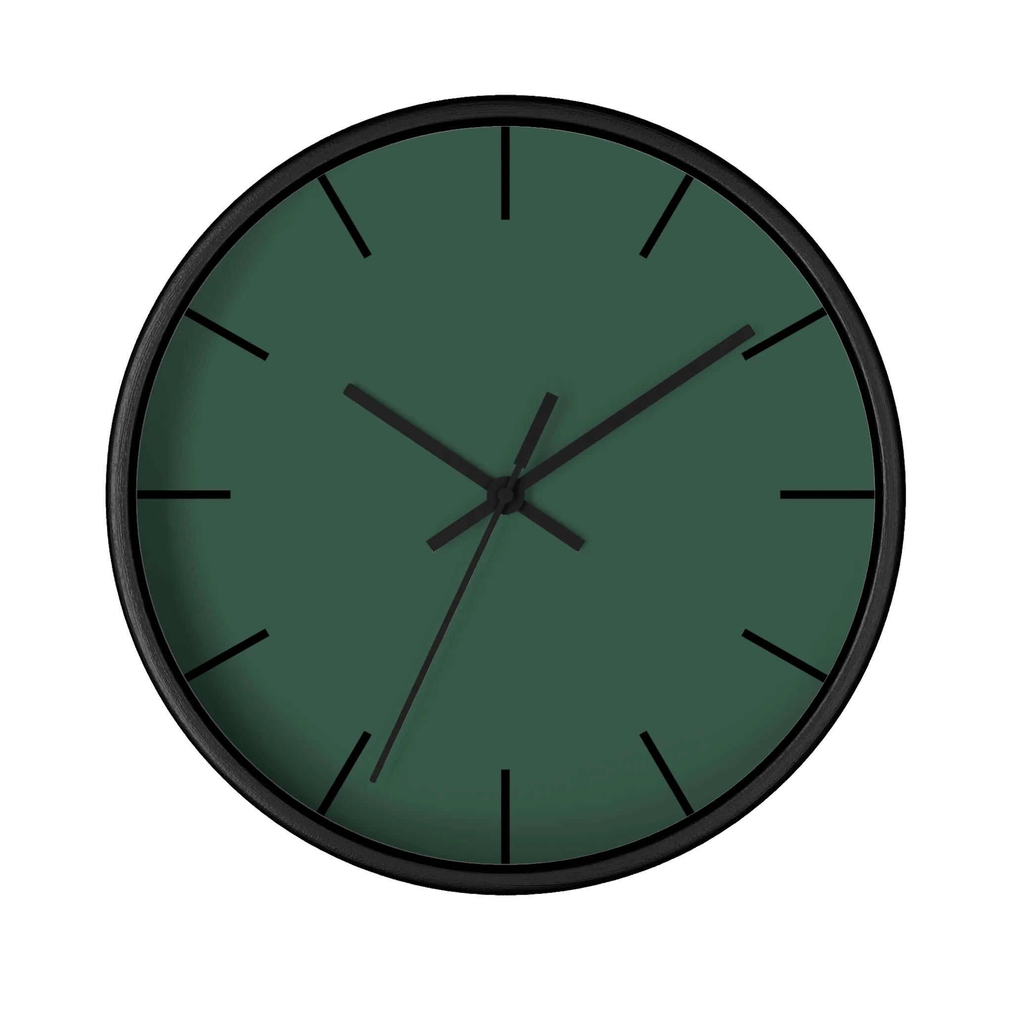 Stromboli green silent wall clock, black base, black hands, black markers, 10 inch, front view.
