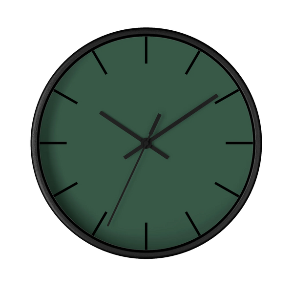Stromboli green silent wall clock, black base, black hands, black markers, 10 inch, front view.
