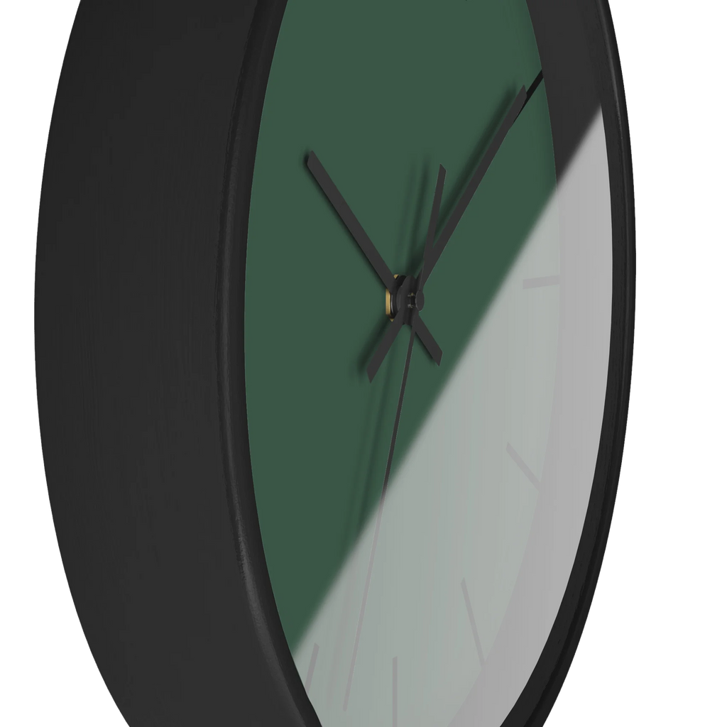 Stromboli green silent wall clock, black base, black hands, black markers, 10 inch, side view.