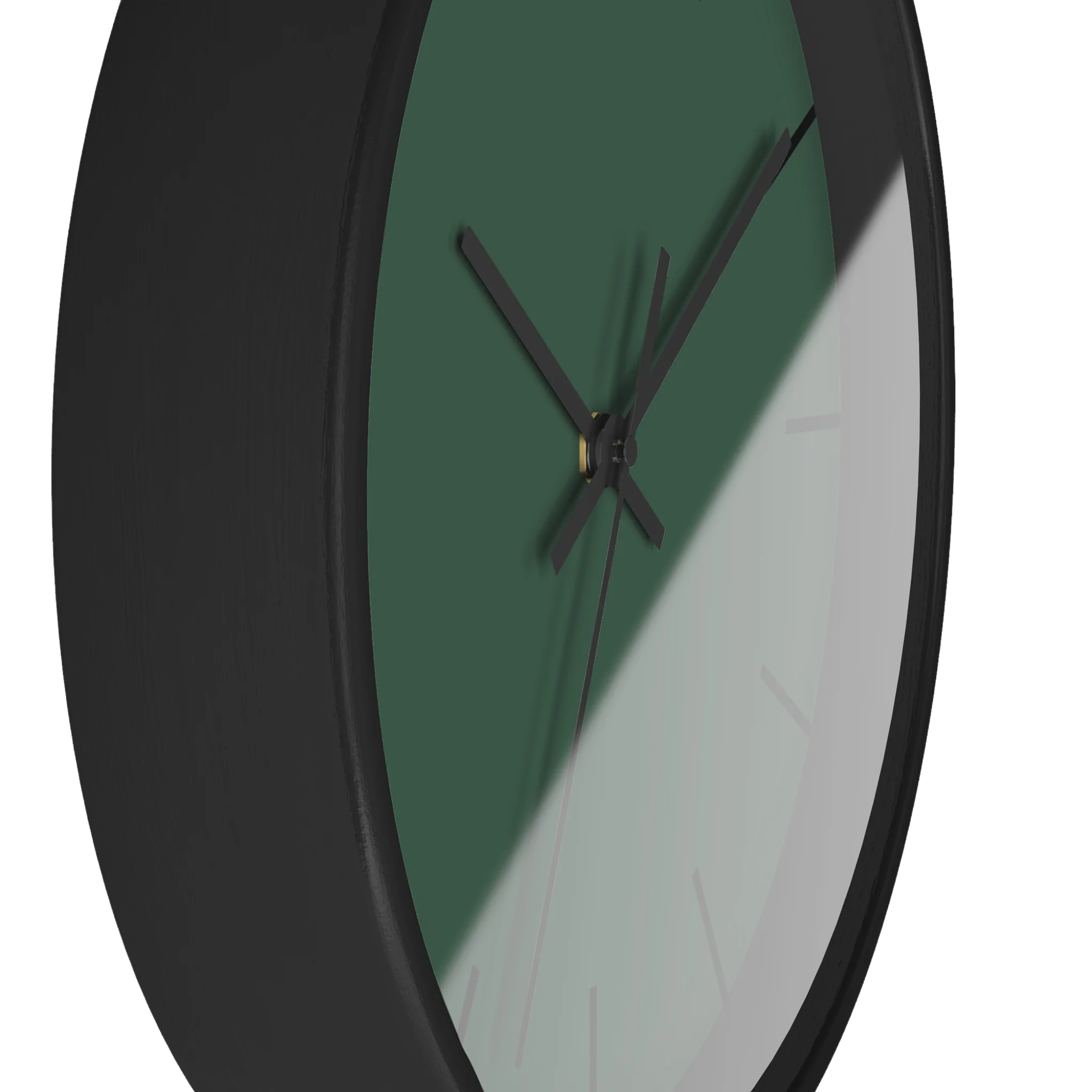 Stromboli green silent wall clock, black base, black hands, black markers, 10 inch, side view.