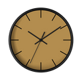 Tan driftwood brown silent wall clock, black base, black hands, black markers, 10 inch, front view.