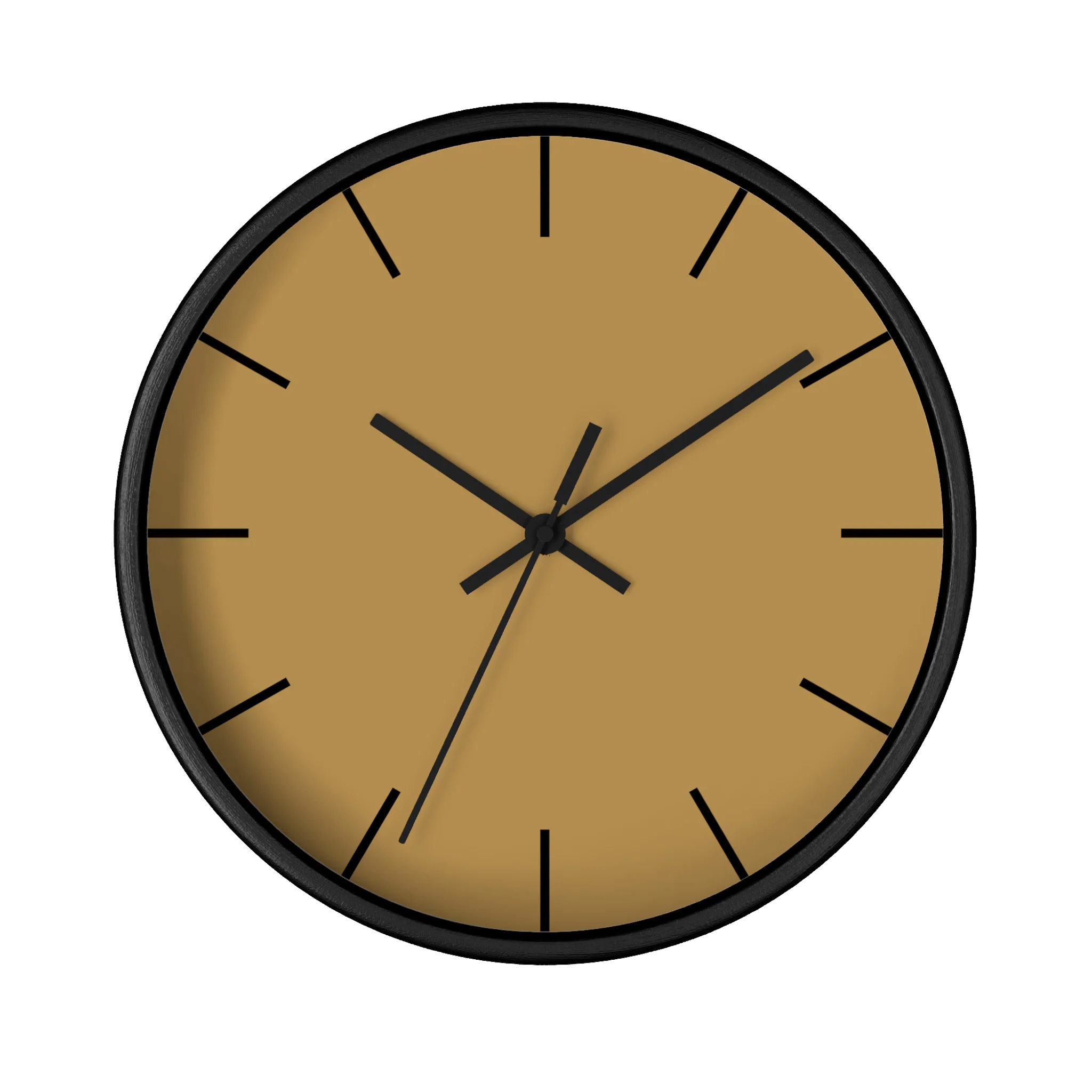 Tan driftwood brown silent wall clock, black base, black hands, black markers, 10 inch, front view.