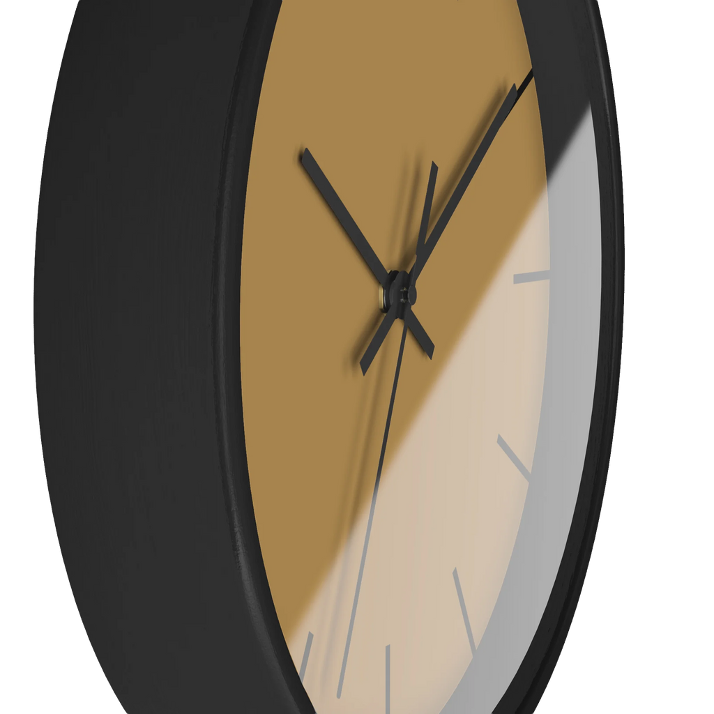 Tan driftwood brown silent wall clock, black base, black hands, black markers, 10 inch, side view.