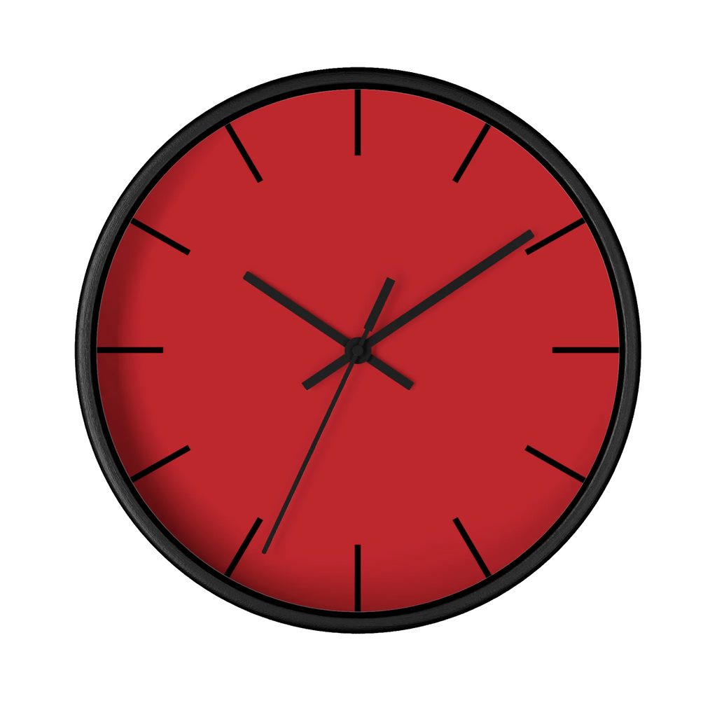 Traditional Red silent wall clock, black base, black hands, black markers, 10 inch, front view.
