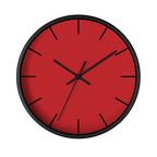 Traditional Red silent wall clock, black base, black hands, black markers, 10 inch, front view.