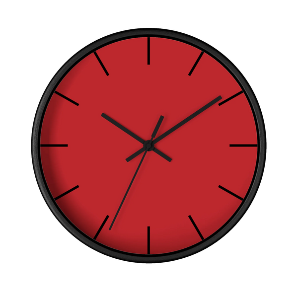 Traditional Red silent wall clock, black base, black hands, black markers, 10 inch, front view.