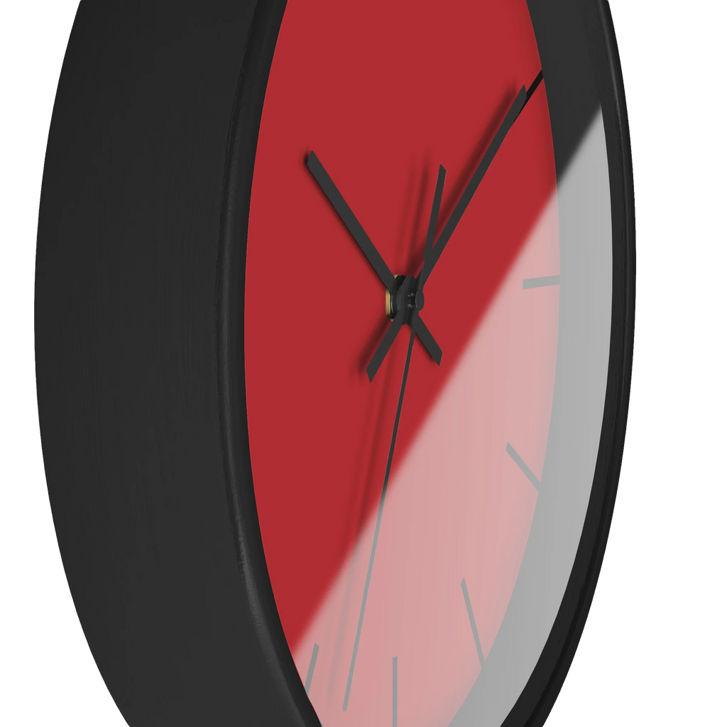 Traditional Red silent wall clock, black base, black hands, black markers, 10 inch, side view.