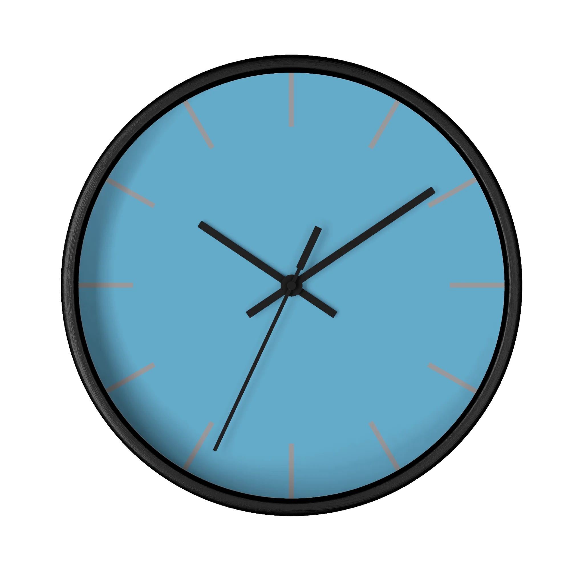 Vintage aqua silent wall clock, black base, black hands, light grey markers, 10 inch, front view.