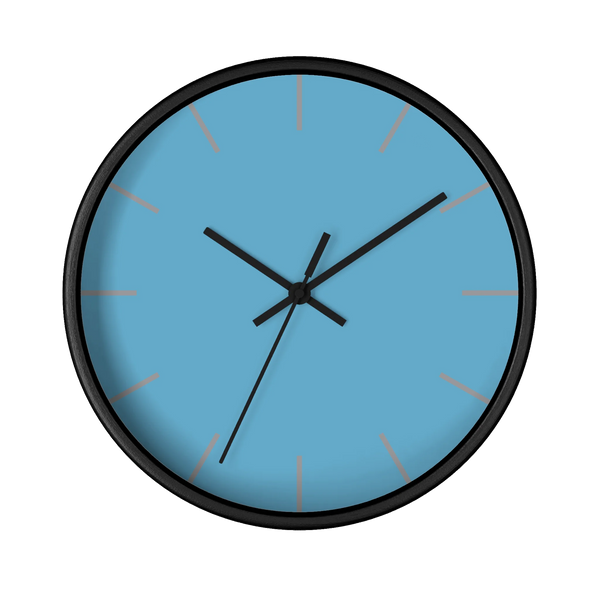 Vintage aqua silent wall clock, black base, black hands, light grey markers, 10 inch, front view.