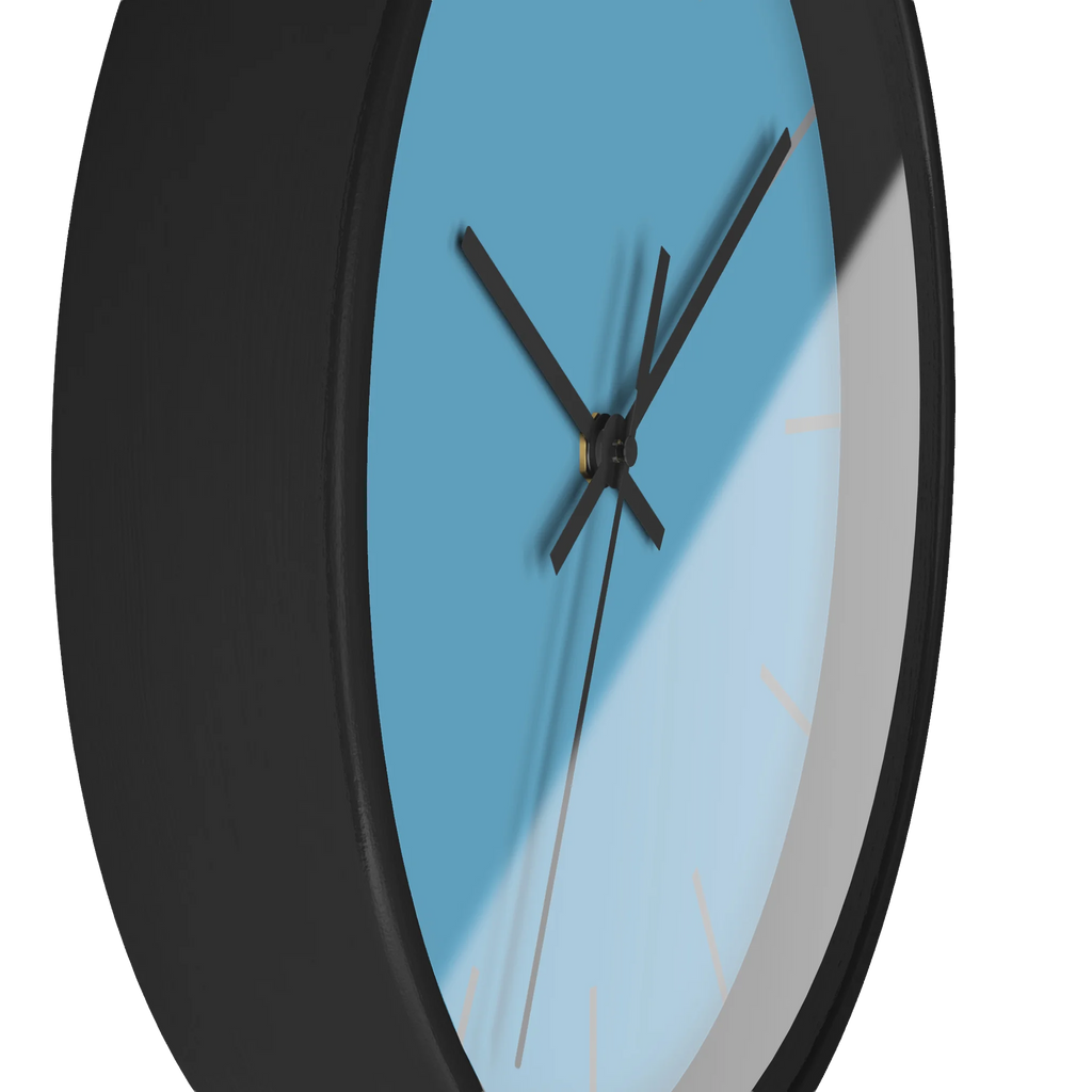 Vintage aqua silent wall clock, black base, black hands, light grey markers, 10 inch, side view.