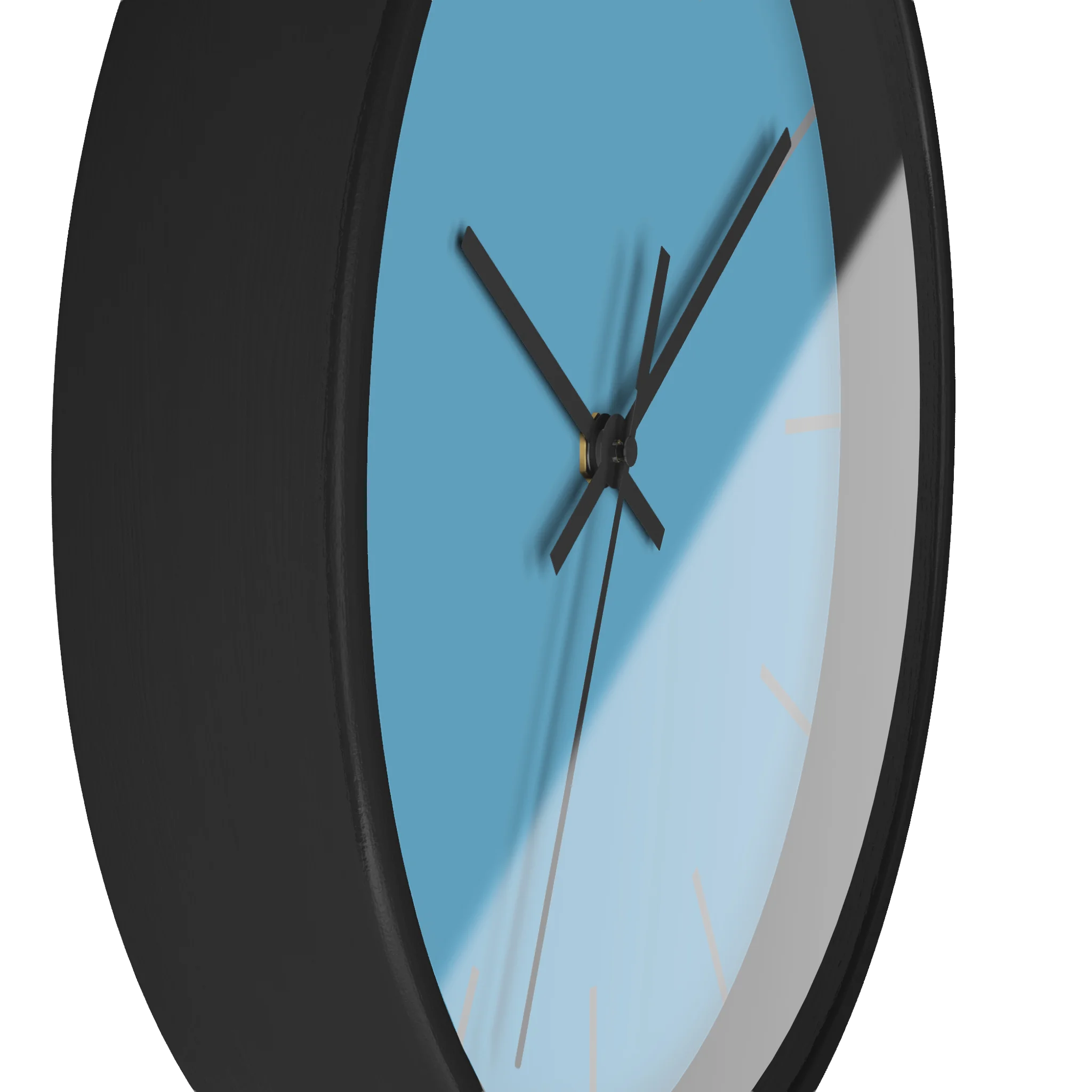 Vintage aqua silent wall clock, black base, black hands, light grey markers, 10 inch, side view.
