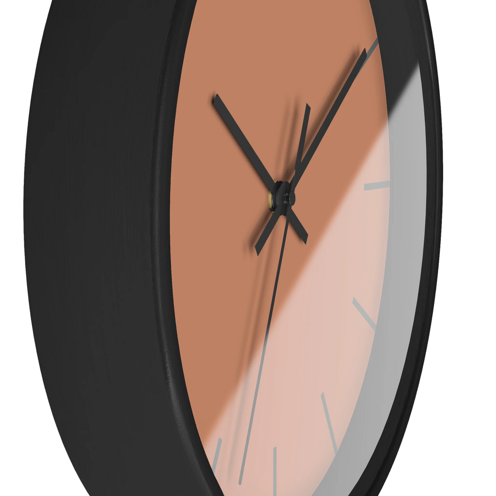Vintage salmon silent wall clock, black base, black hands, dark grey markers, 10 inch, side view.