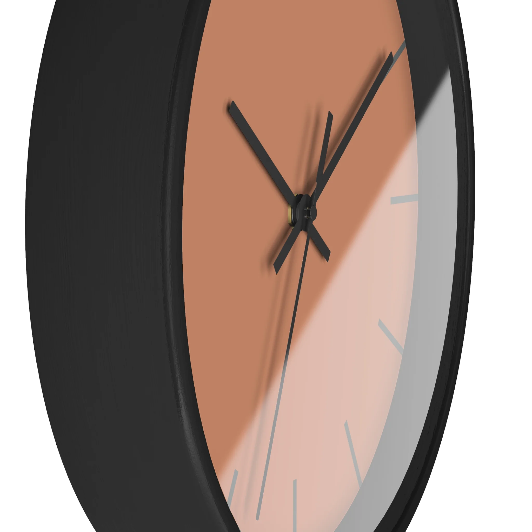 Vintage salmon silent wall clock, black base, black hands, dark grey markers, 10 inch, side view.