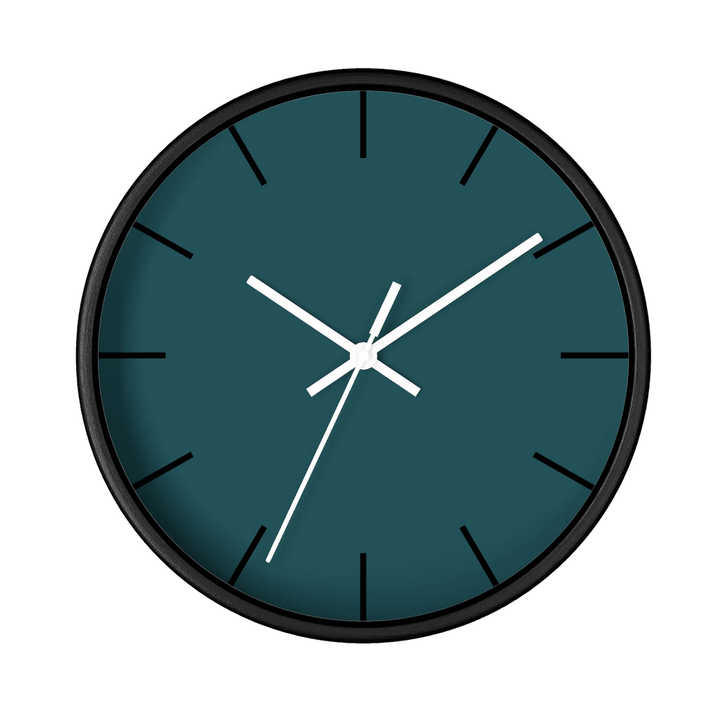 Abstract teal silent wall clock, black base, white hands, black markers, 10 inch, front view.