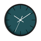 Abstract teal silent wall clock, black base, white hands, black markers, 10 inch, front view.