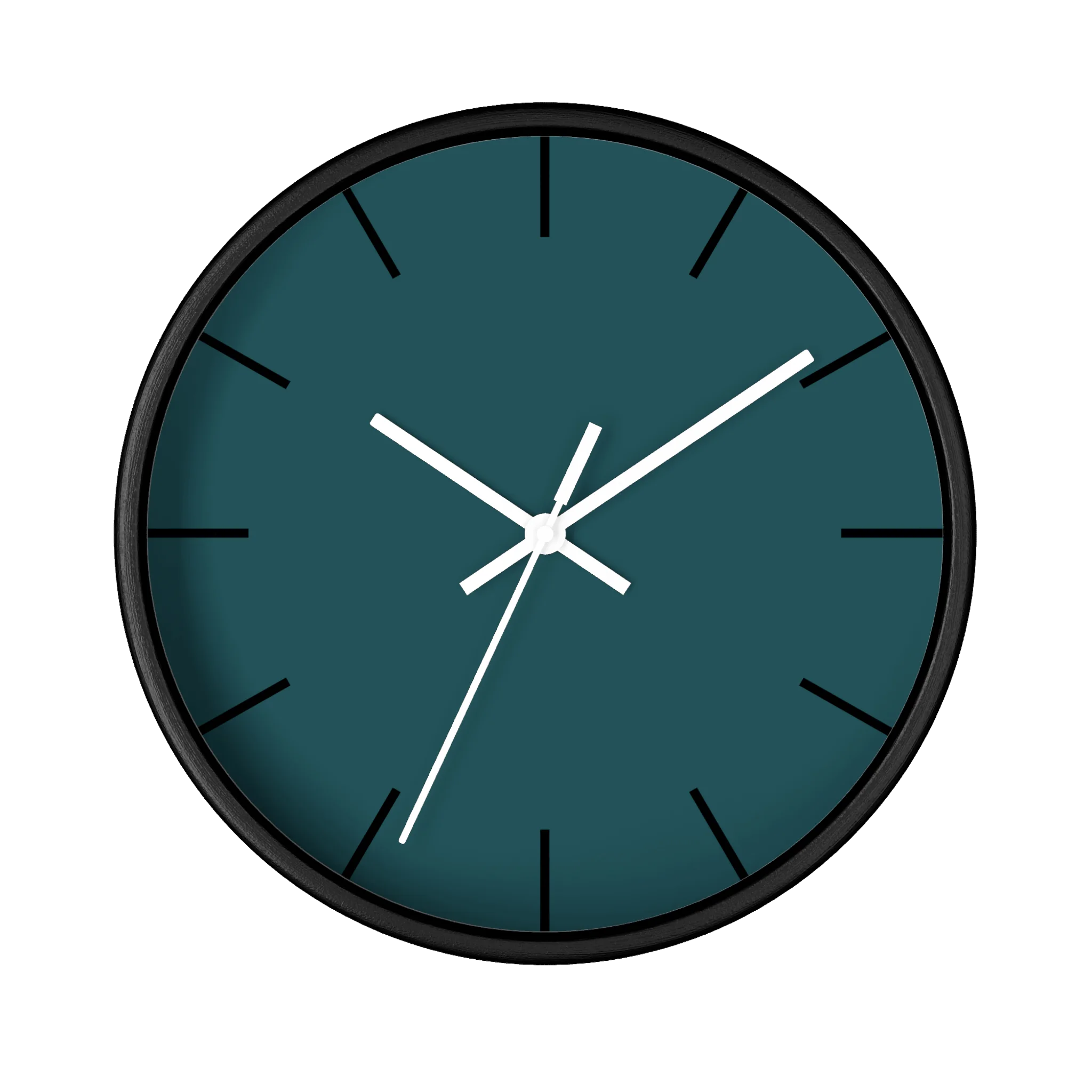Abstract teal silent wall clock, black base, white hands, black markers, 10 inch, front view.