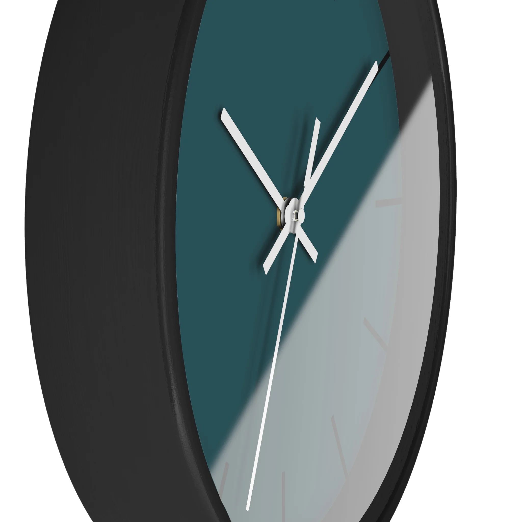 Abstract teal silent wall clock, black base, white hands, black markers, 10 inch, side view.