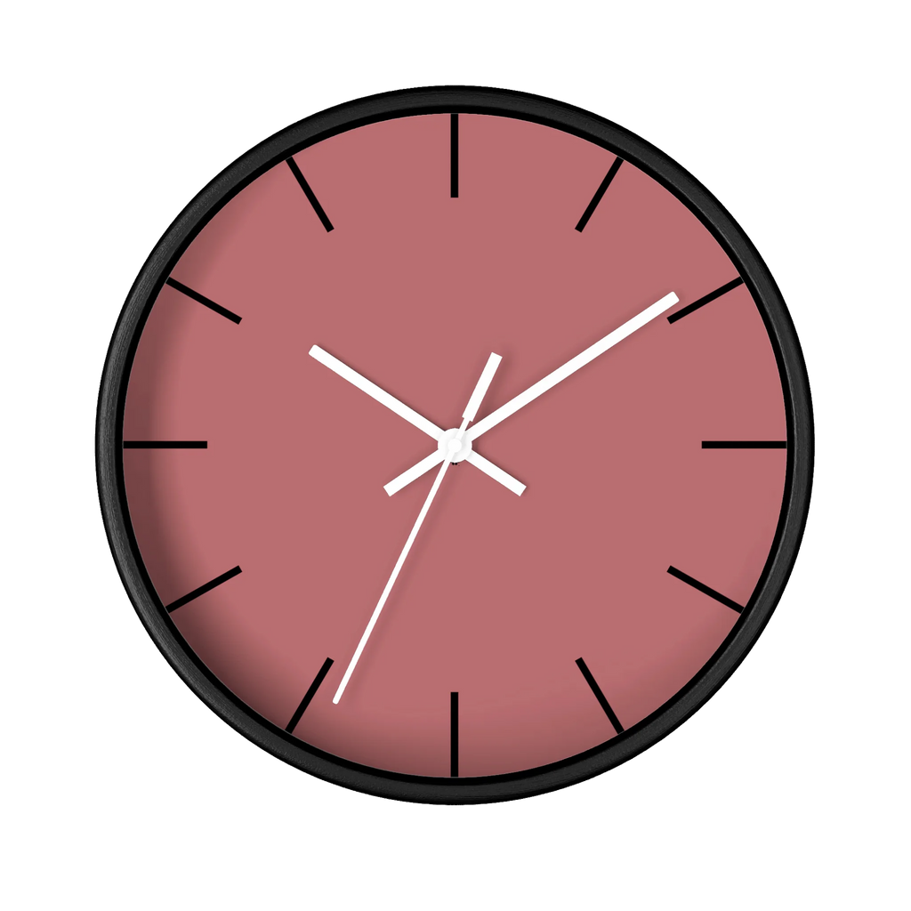 Adore pink silent wall clock, black base, white hands, black markers, 10 inch, front view.
