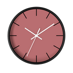 Adore pink silent wall clock, black base, white hands, black markers, 10 inch, front view.