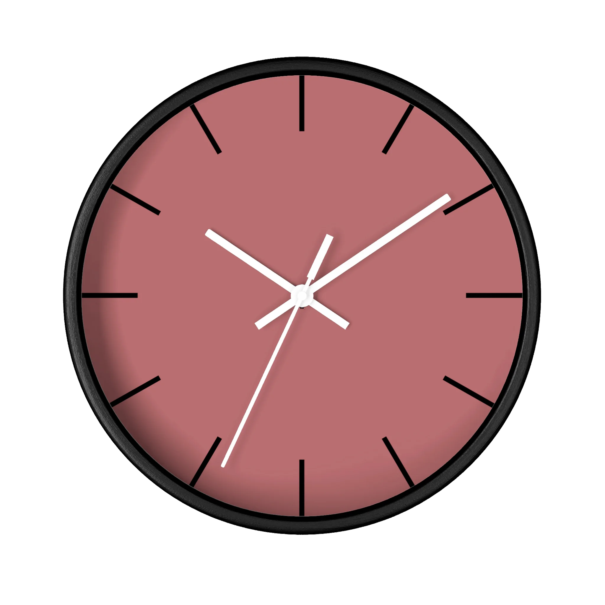 Adore pink silent wall clock, black base, white hands, black markers, 10 inch, front view.