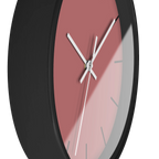 Adore pink silent wall clock, black base, white hands, black markers, 10 inch, side view.