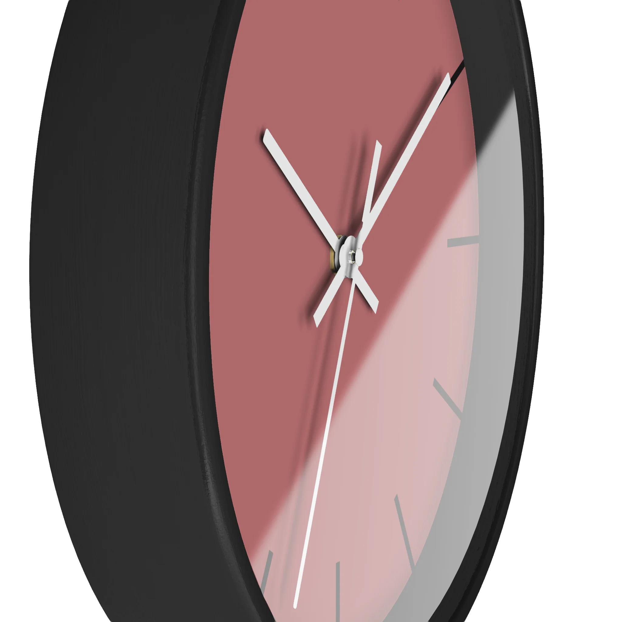Adore pink silent wall clock, black base, white hands, black markers, 10 inch, side view.