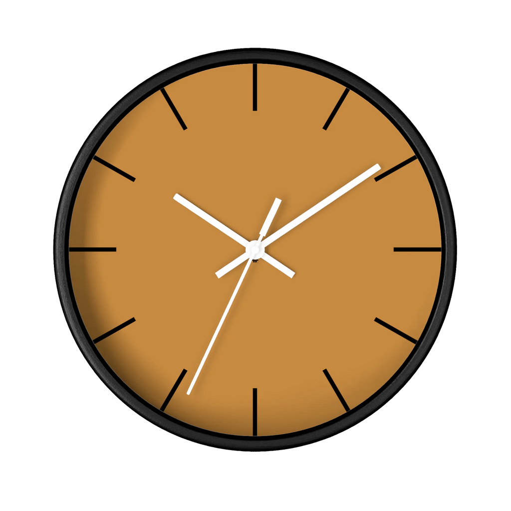 Amber apple cider silent wall clock, black base, white hands, black markers, 10 inch, front view.
