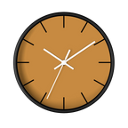 Amber apple cider silent wall clock, black base, white hands, black markers, 10 inch, front view.