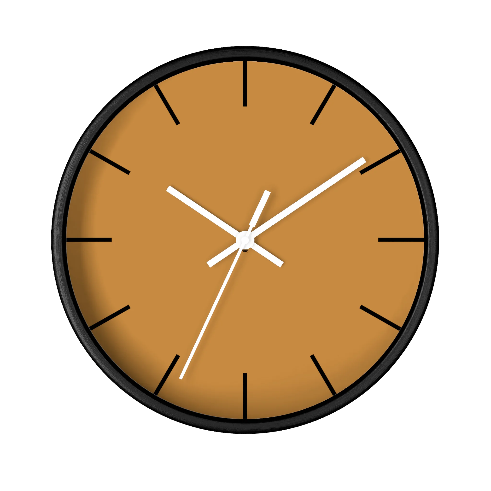 Amber apple cider silent wall clock, black base, white hands, black markers, 10 inch, front view.
