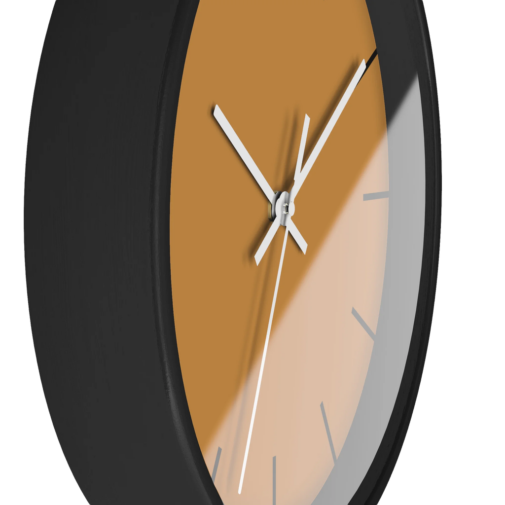 Amber apple cider silent wall clock, black base, white hands, black markers, 10 inch, side view.