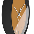 Amber apple cider silent wall clock, black base, white hands, black markers, 10 inch, side view.