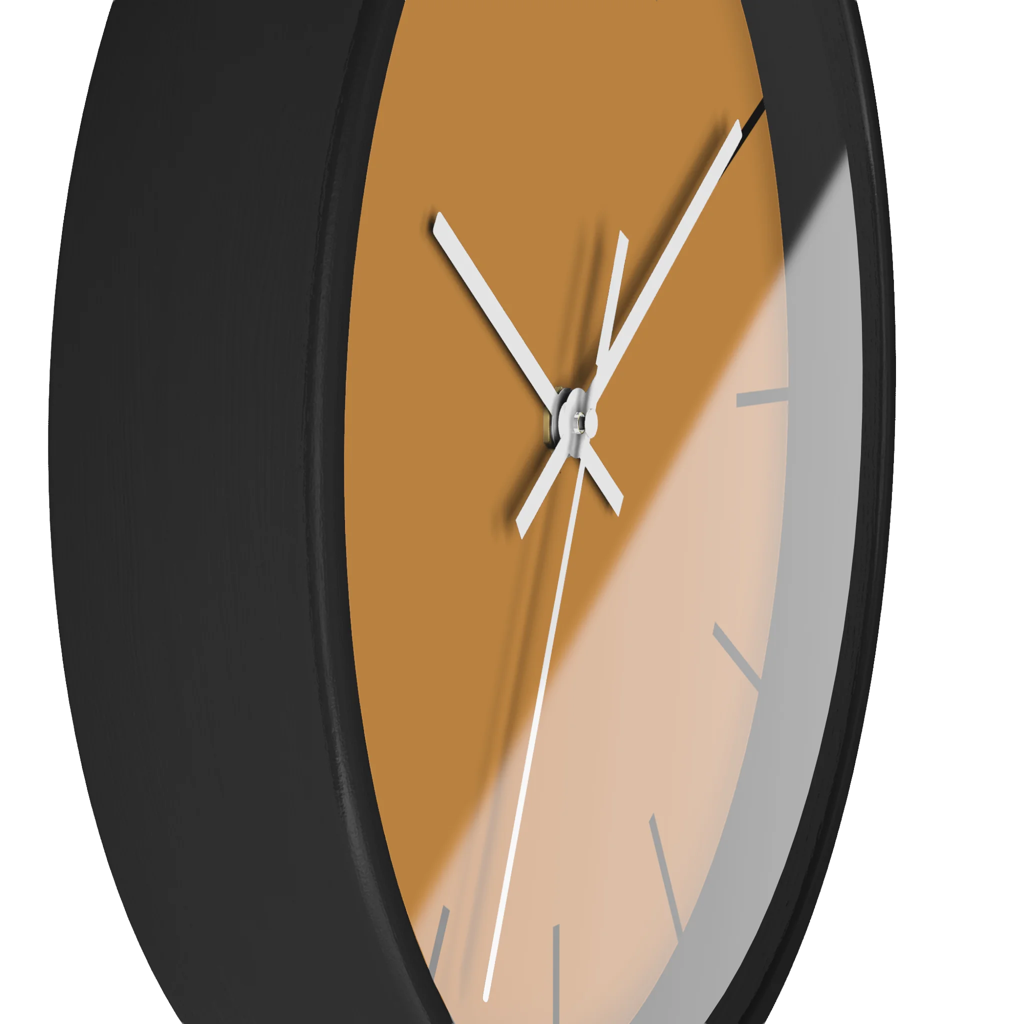 Amber apple cider silent wall clock, black base, white hands, black markers, 10 inch, side view.