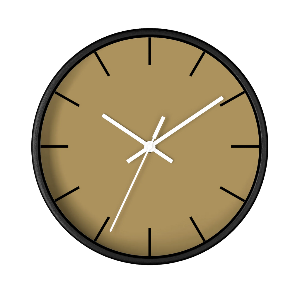 Ash mustard silent wall clock, black base, white hands, black markers, 10 inch, front view.