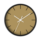 Ash mustard silent wall clock, black base, white hands, black markers, 10 inch, front view.