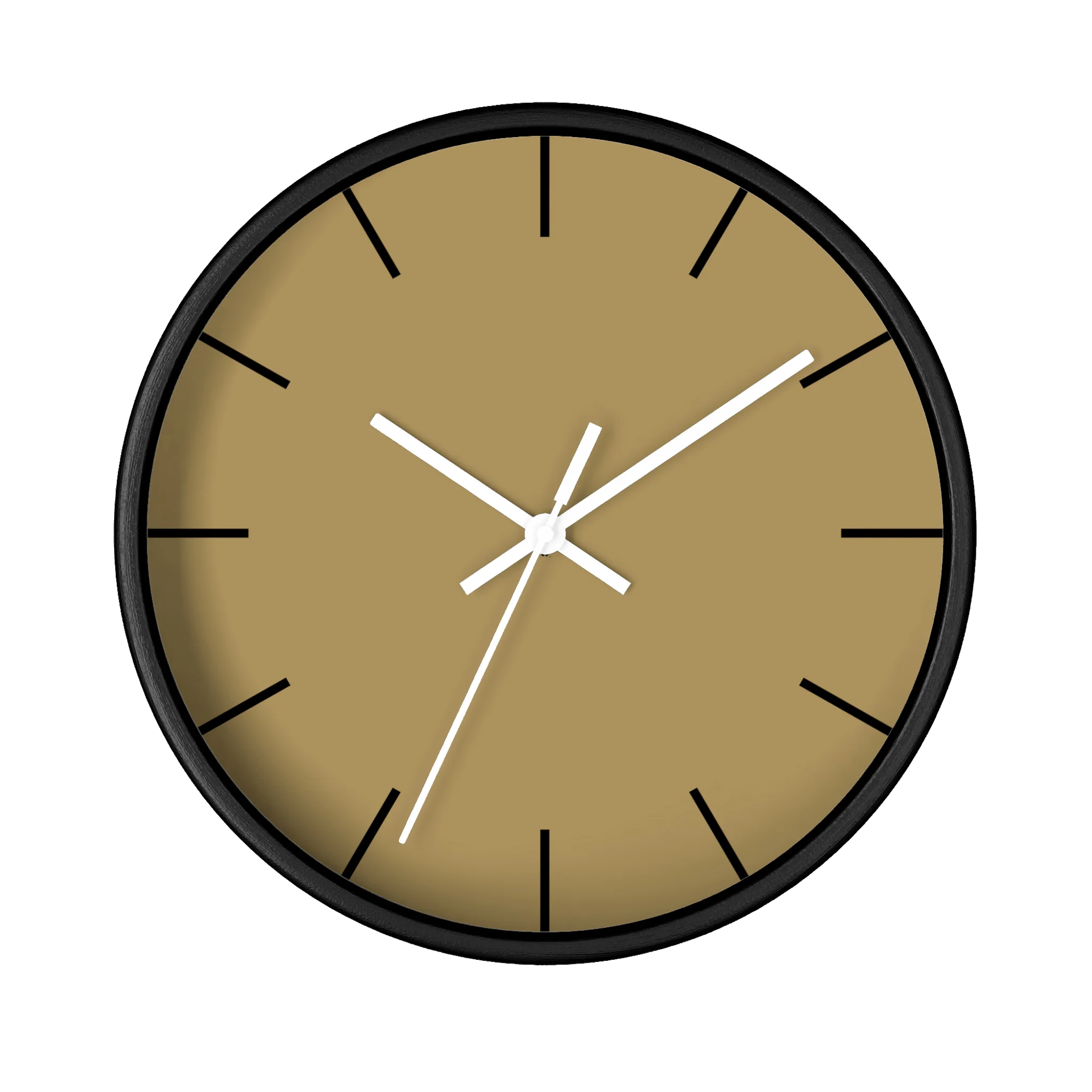 Ash mustard silent wall clock, black base, white hands, black markers, 10 inch, front view.