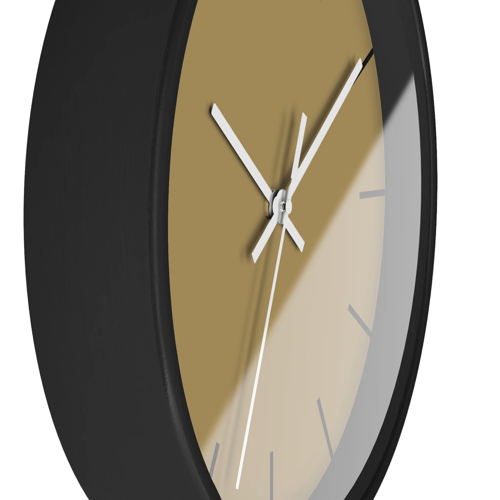 Ash mustard silent wall clock, black base, white hands, black markers, 10 inch, side view.