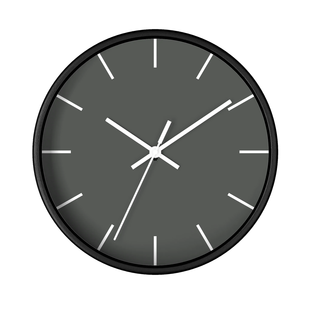 Atomic grey silent wall clock, black base, white hands, white markers, 10 inch, front view.