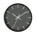Atomic grey silent wall clock, black base, white hands, white markers, 10 inch, front view.