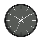 Atomic grey silent wall clock, black base, white hands, white markers, 10 inch, front view.