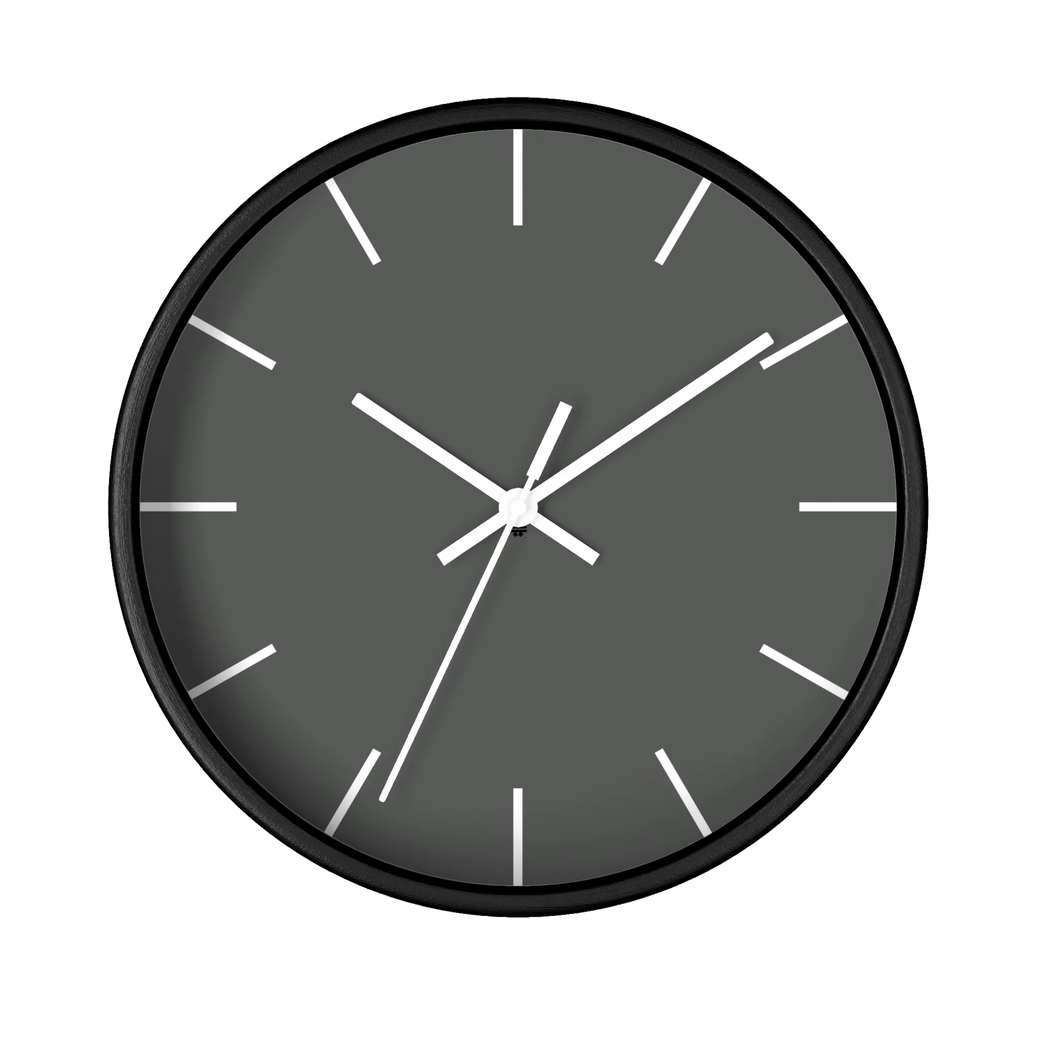 Atomic grey silent wall clock, black base, white hands, white markers, 10 inch, front view.