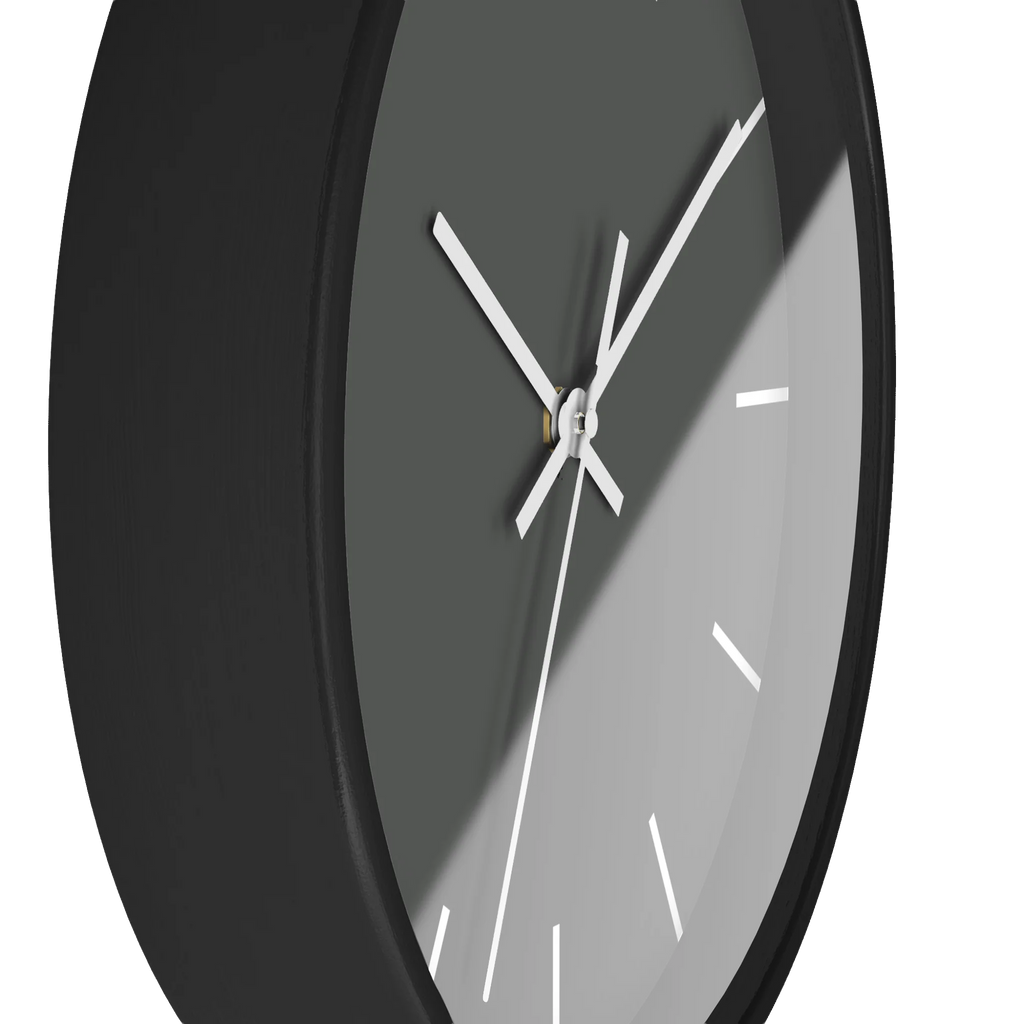 Atomic grey silent wall clock, black base, white hands, white markers, 10 inch, side view.