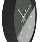 Atomic grey silent wall clock, black base, white hands, white markers, 10 inch, side view.