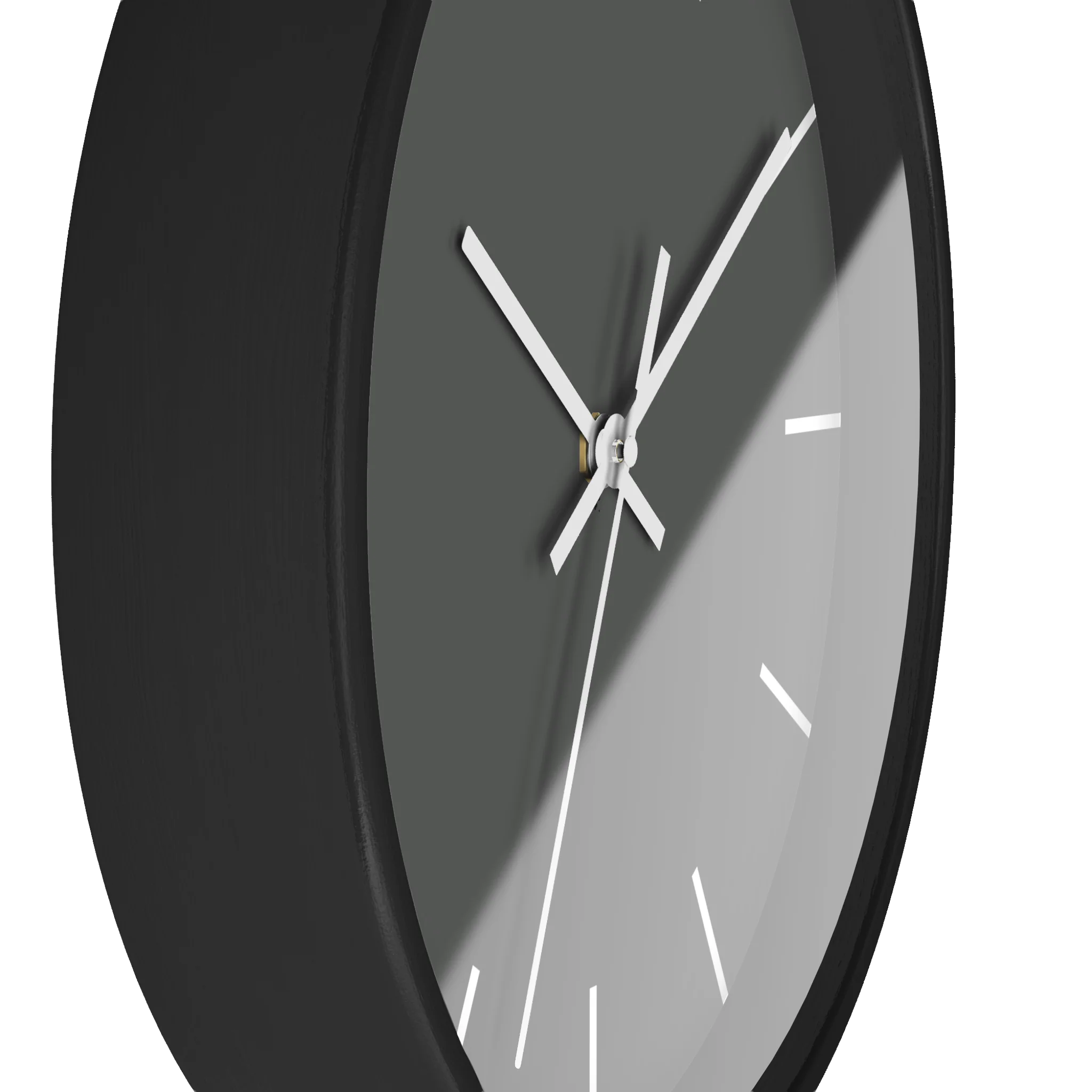 Atomic grey silent wall clock, black base, white hands, white markers, 10 inch, side view.