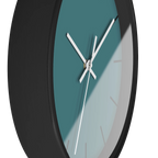 Bismark teal silent wall clock, black base, white hands, black markers, 10 inch, side view.