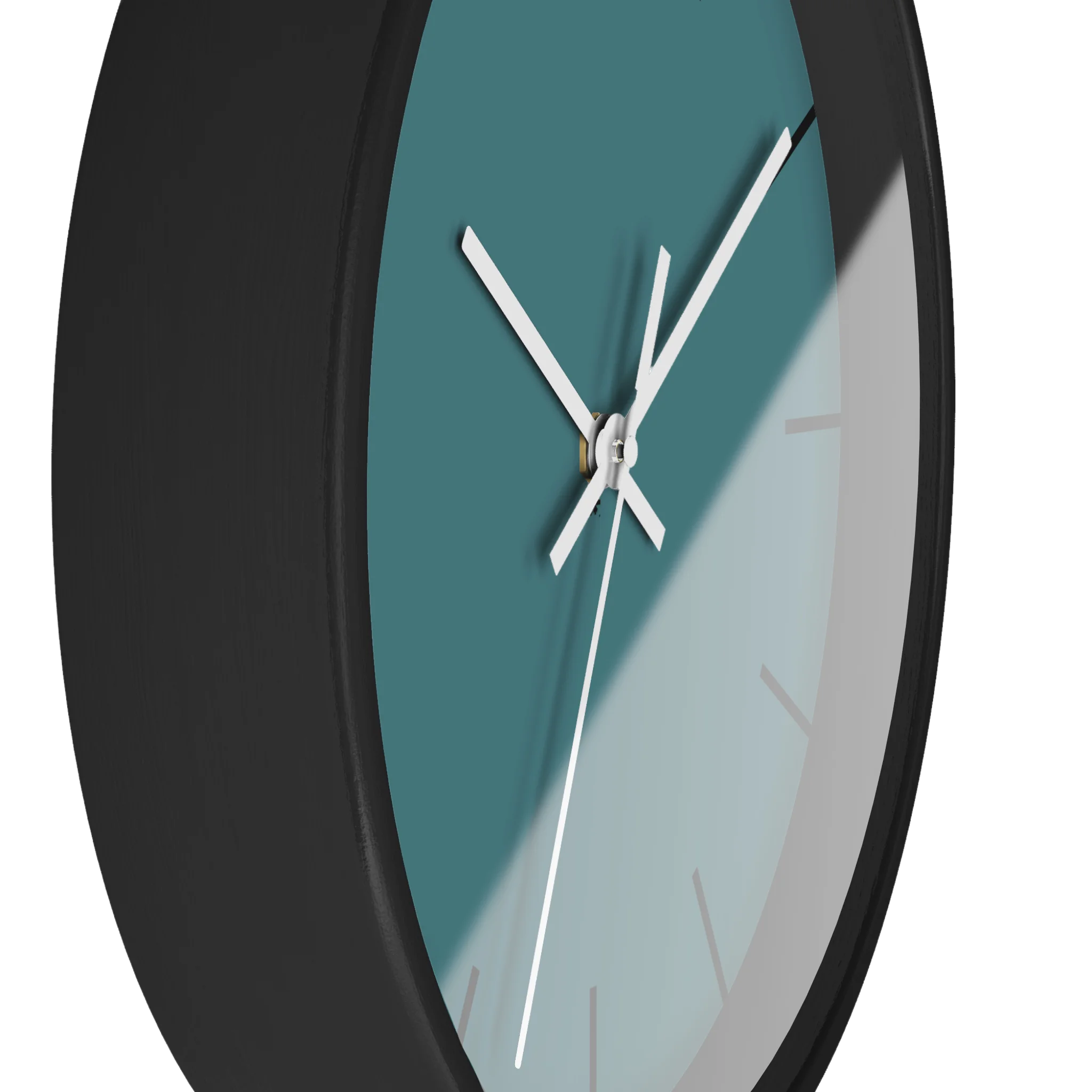 Bismark teal silent wall clock, black base, white hands, black markers, 10 inch, side view.