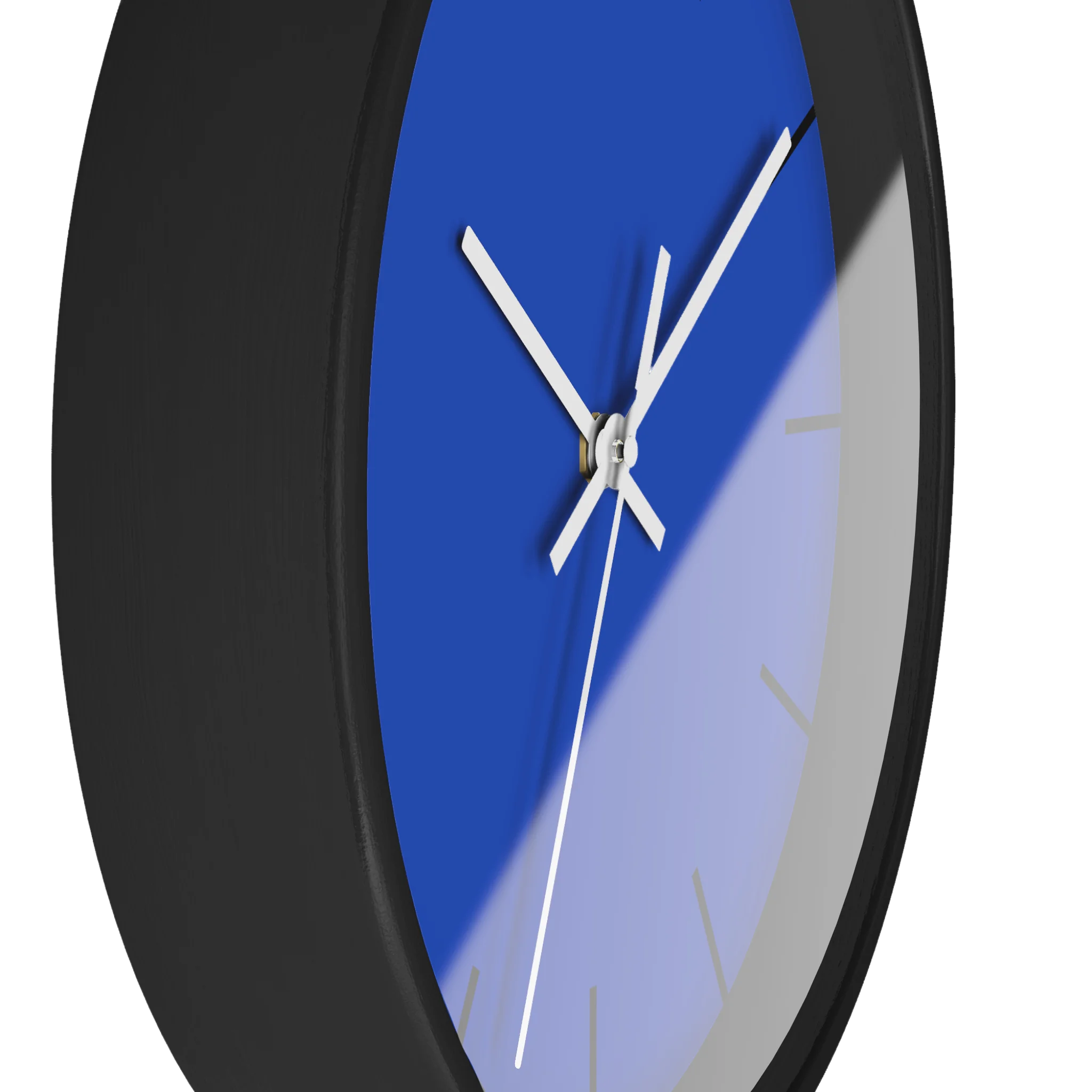 Blue silent wall clock, black base, white hands, black markers, 10 inch, side view.