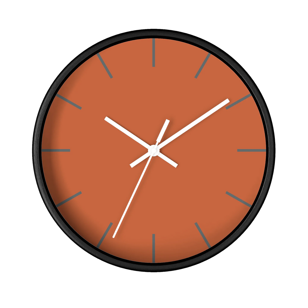 Boho rust orange silent wall clock, black base, white hands, light grey markers, 10 inch, front view.
