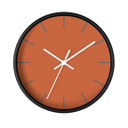 Boho rust orange silent wall clock, black base, white hands, light grey markers, 10 inch, front view.