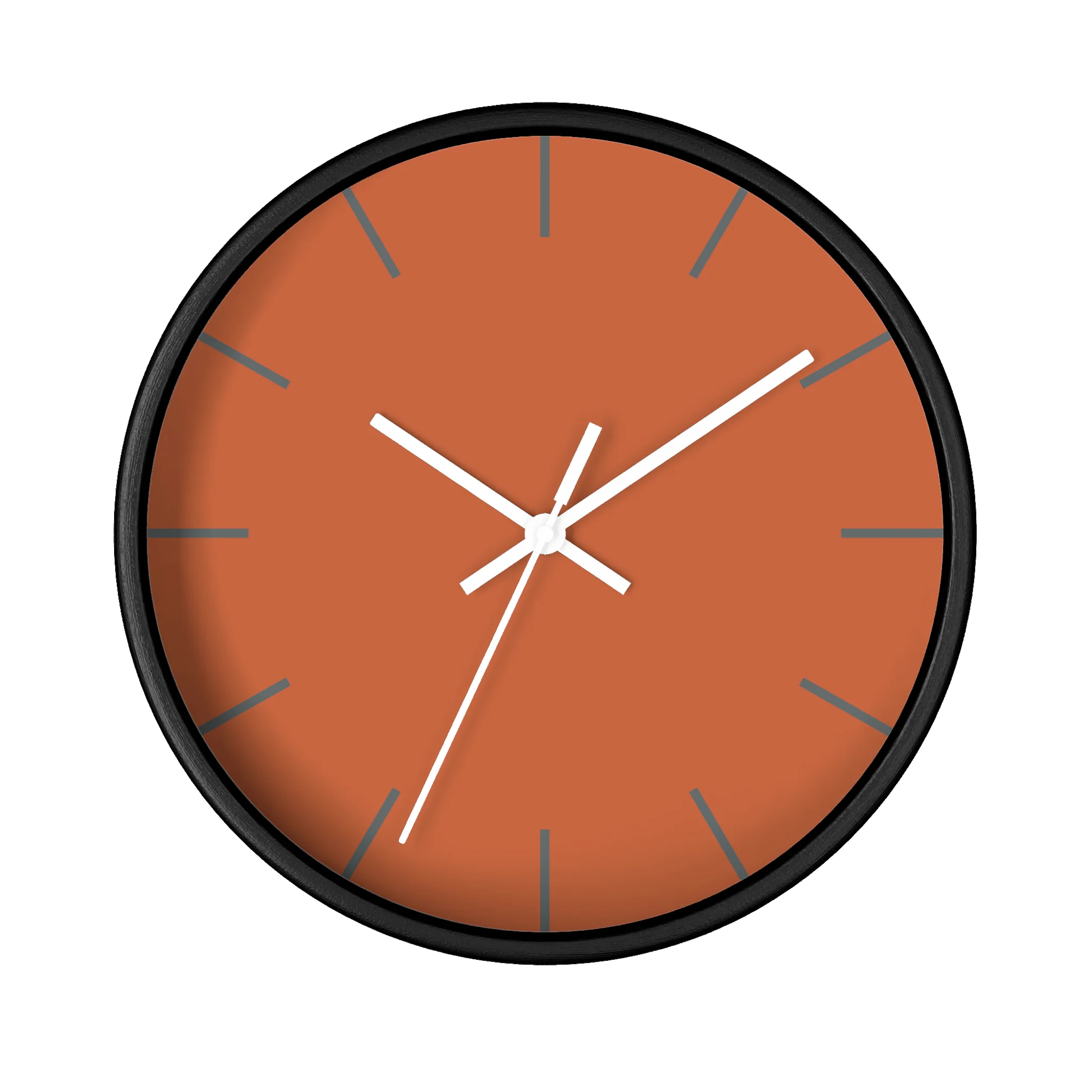 Boho rust orange silent wall clock, black base, white hands, light grey markers, 10 inch, front view.